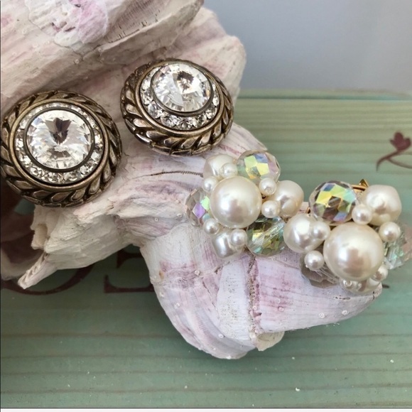 VINTAGE Pearl/CZ Clip On Earrings 2 Set Bundle - Picture 7 of 8